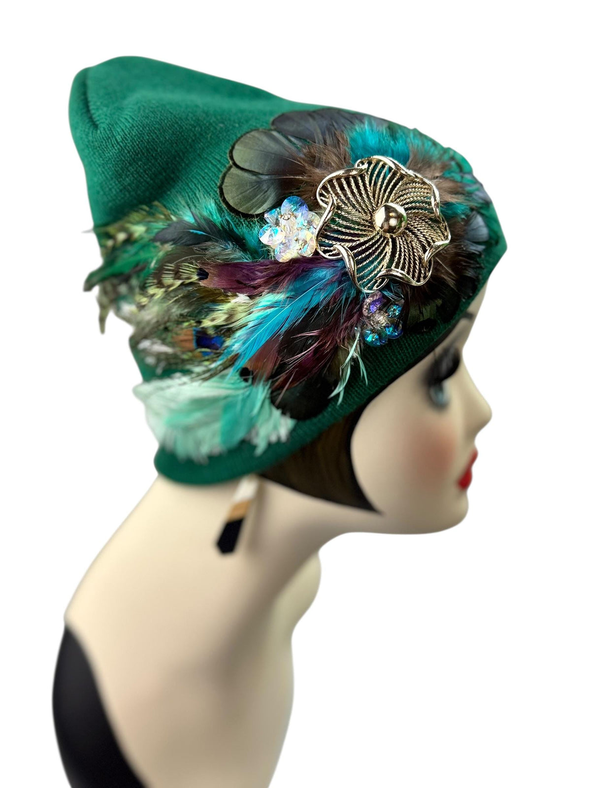 Queen of the Forest - Emerald Green Feather Embellished Vintage Jeweled Short Beanie