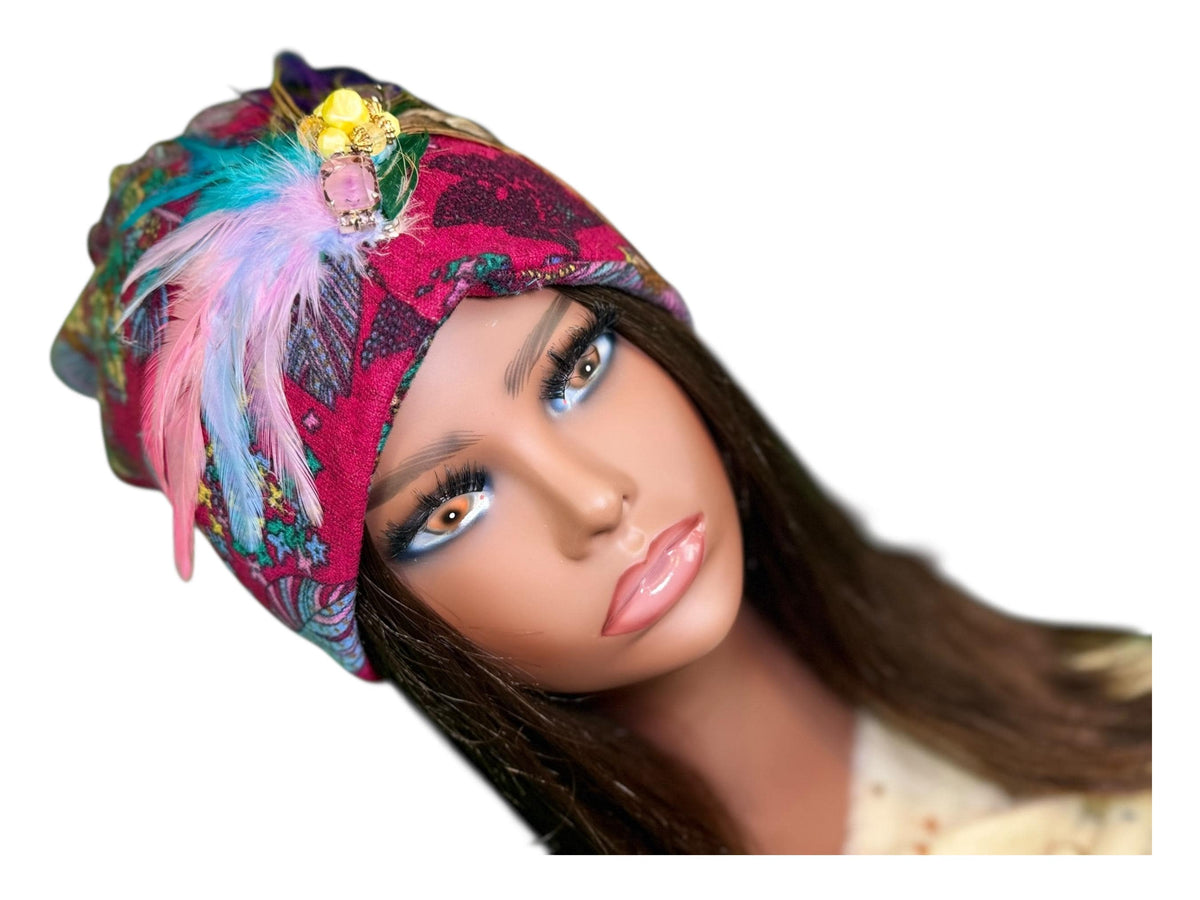 Paradise Island Statement Unique Floral Flapper Jeweled Designer Feathered Winter Knit Hat
