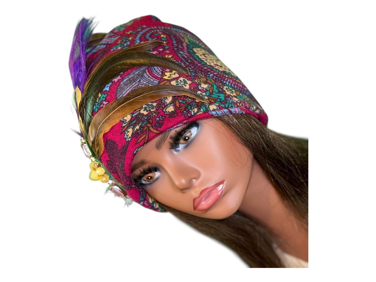 Paradise Island Statement Unique Floral Flapper Jeweled Designer Feathered Winter Knit Hat