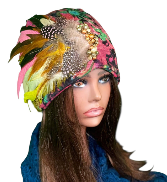 Sunny Sunrise Fancy Embellished Feathered & Vintage Jeweled Floral Beanie Flapper