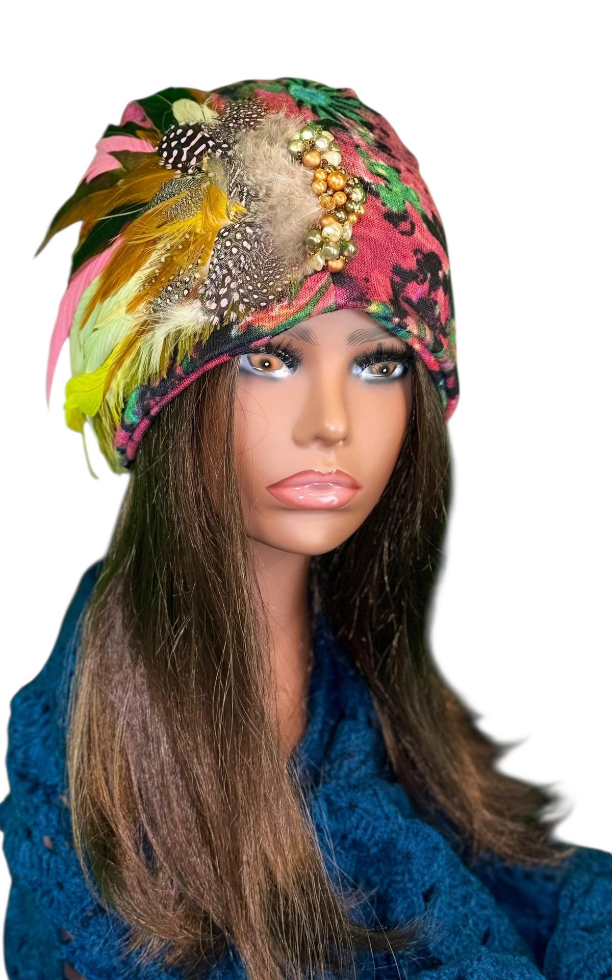 Sunny Sunrise Fancy Embellished Feathered & Vintage Jeweled Floral Beanie Flapper