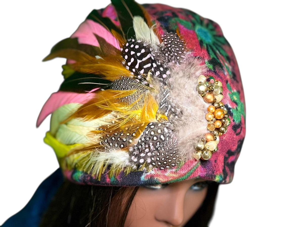 Sunny Sunrise Fancy Embellished Feathered & Vintage Jeweled Floral Beanie Flapper