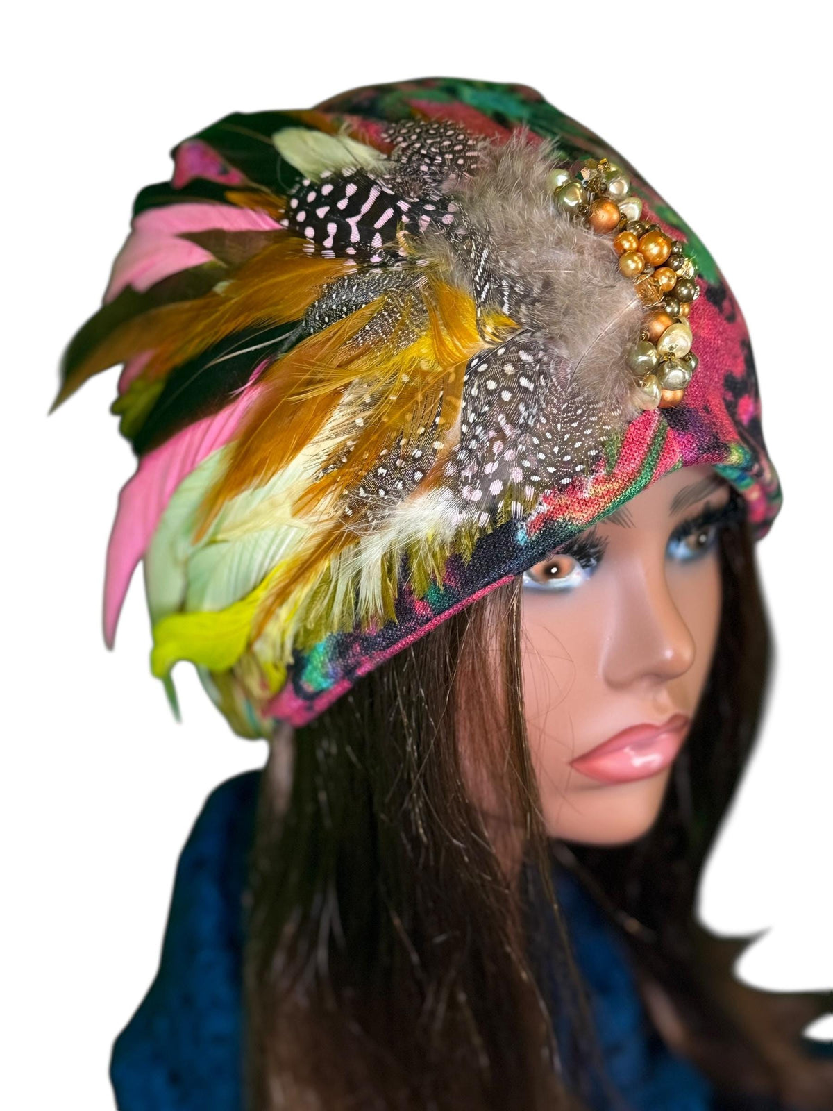Sunny Sunrise Fancy Embellished Feathered & Vintage Jeweled Floral Beanie Flapper