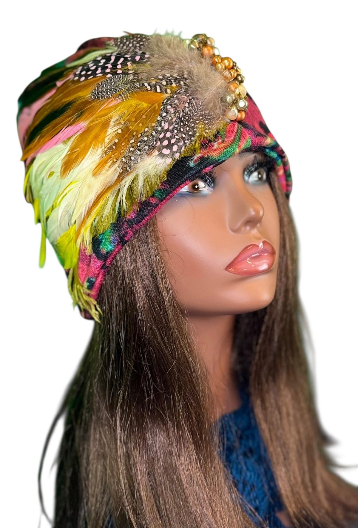 Sunny Sunrise Fancy Embellished Feathered & Vintage Jeweled Floral Beanie Flapper
