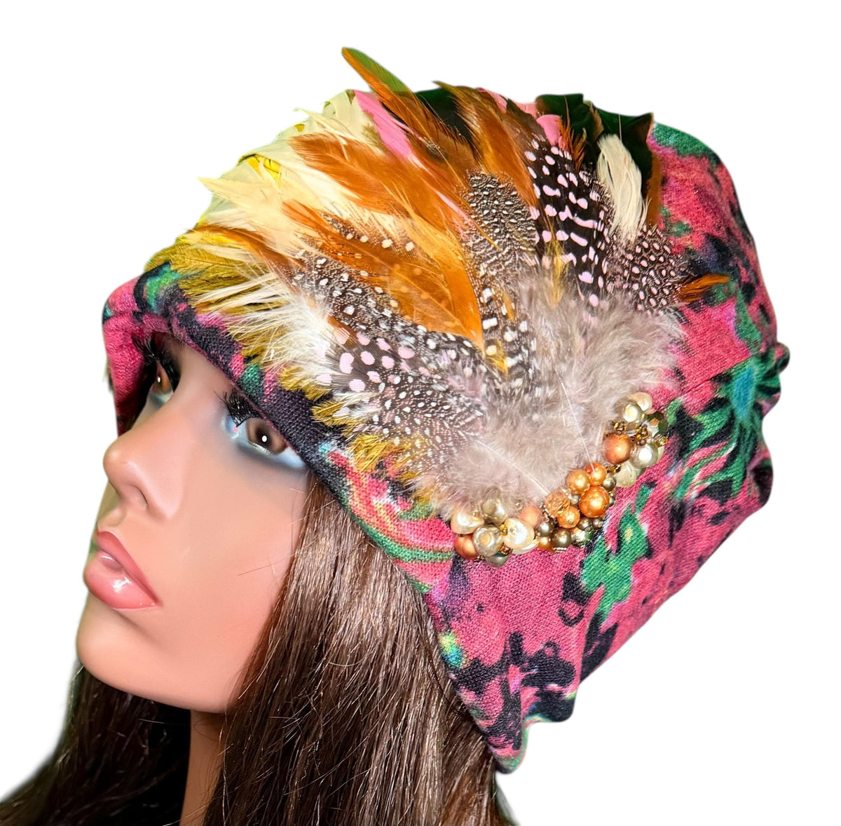 Sunny Sunrise Fancy Embellished Feathered & Vintage Jeweled Floral Beanie Flapper