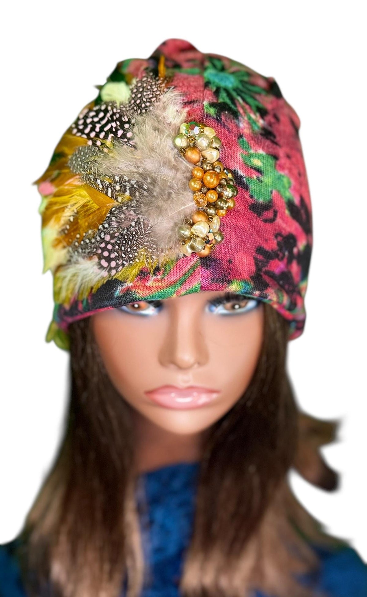 Sunny Sunrise Fancy Embellished Feathered & Vintage Jeweled Floral Beanie Flapper