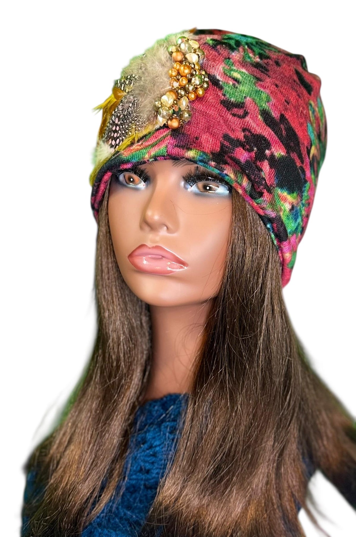 Sunny Sunrise Fancy Embellished Feathered & Vintage Jeweled Floral Beanie Flapper