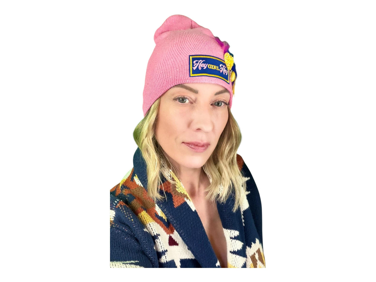 HEY Girl, HEY” Pink Patchwork Vintage Jeweled & Feather Embellished Designer Beanie