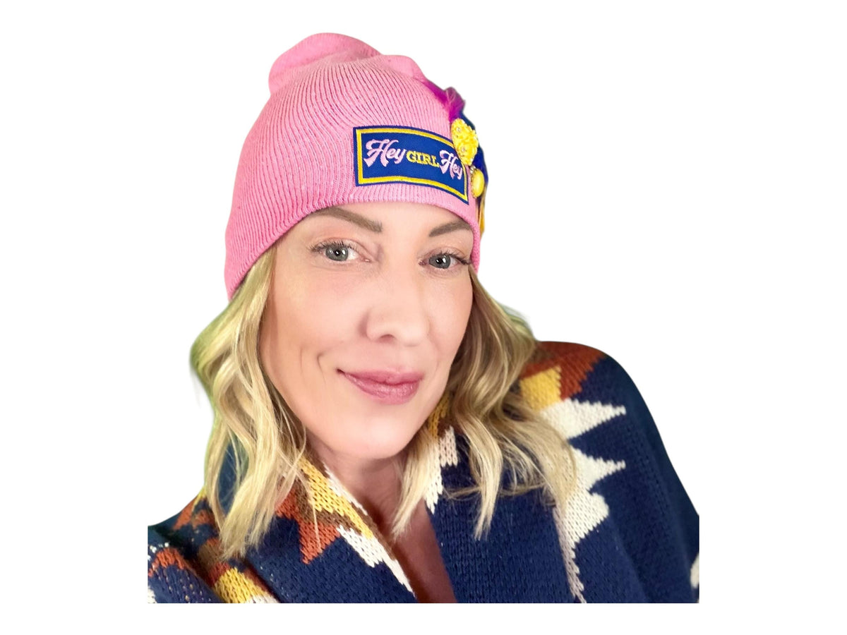 HEY Girl, HEY” Pink Patchwork Vintage Jeweled & Feather Embellished Designer Beanie