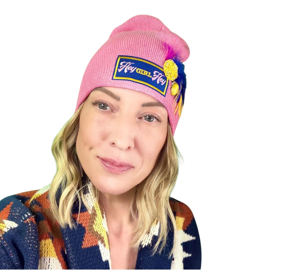 HEY Girl, HEY” Pink Patchwork Vintage Jeweled & Feather Embellished Designer Beanie