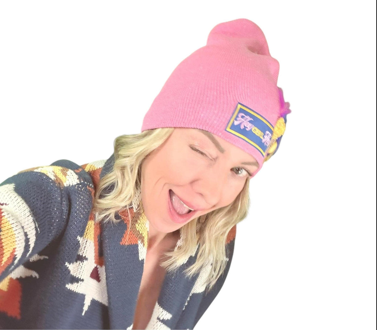 HEY Girl, HEY” Pink Patchwork Vintage Jeweled & Feather Embellished Designer Beanie