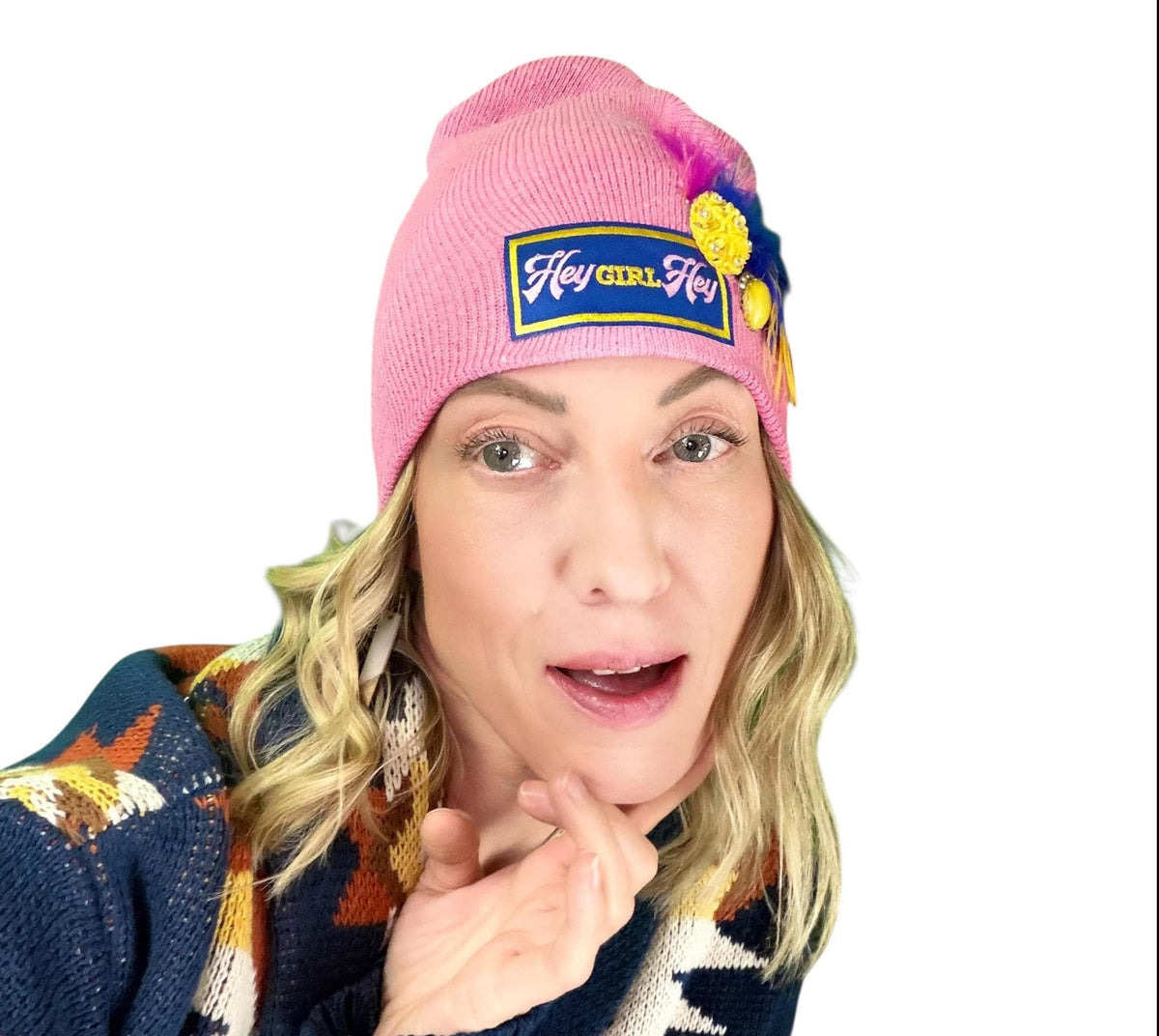 HEY Girl, HEY” Pink Patchwork Vintage Jeweled & Feather Embellished Designer Beanie