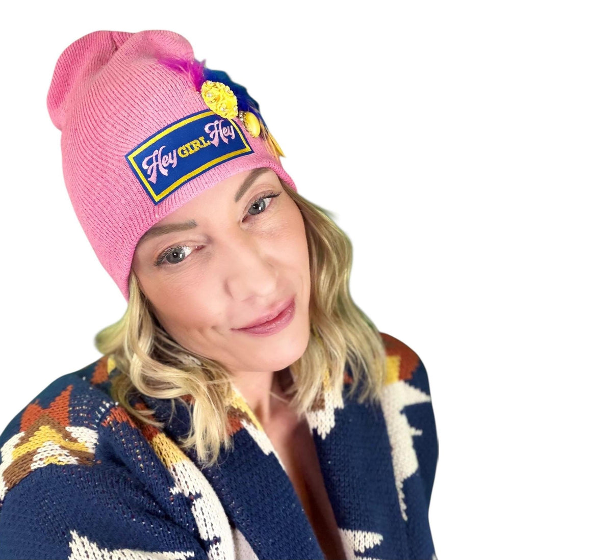 HEY Girl, HEY” Pink Patchwork Vintage Jeweled & Feather Embellished Designer Beanie
