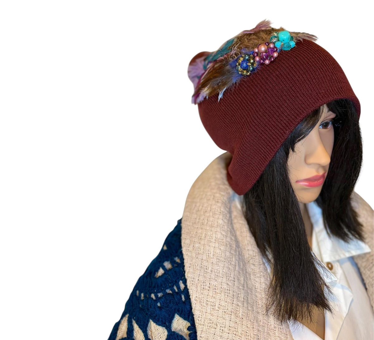Purple Horizon at Sunset - Unique Sparkly Flapper Beanie - Feathered Winter Knit Hat