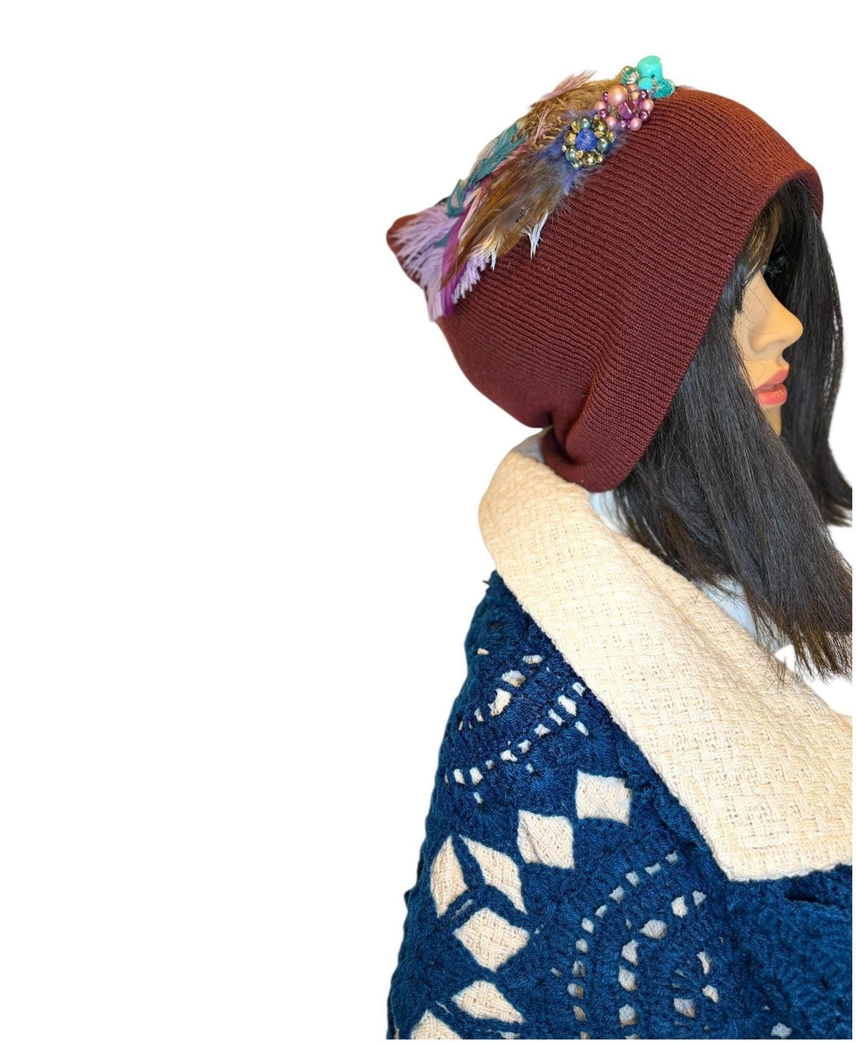Purple Horizon at Sunset - Unique Sparkly Flapper Beanie - Feathered Winter Knit Hat