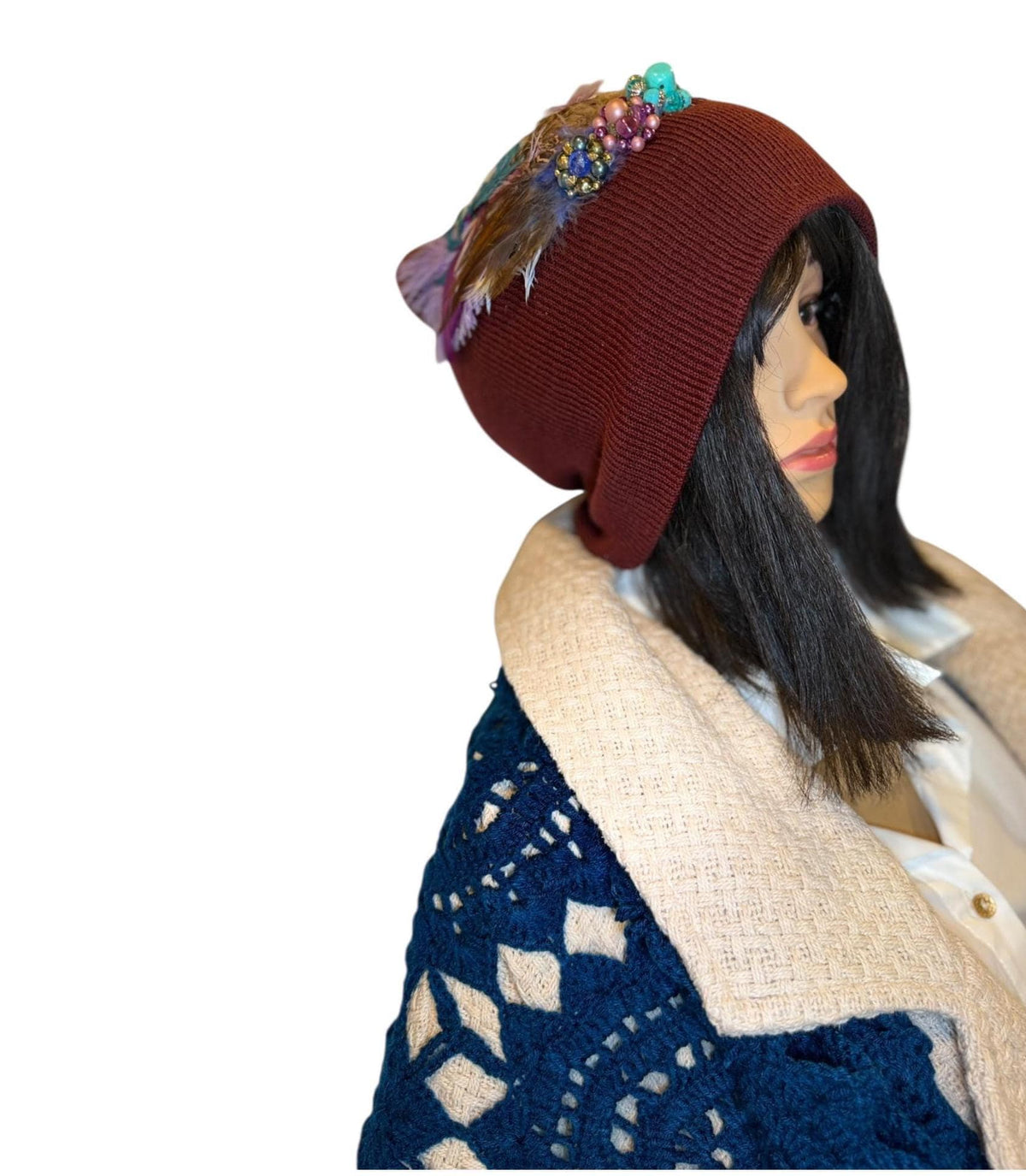 Purple Horizon at Sunset - Unique Sparkly Flapper Beanie - Feathered Winter Knit Hat