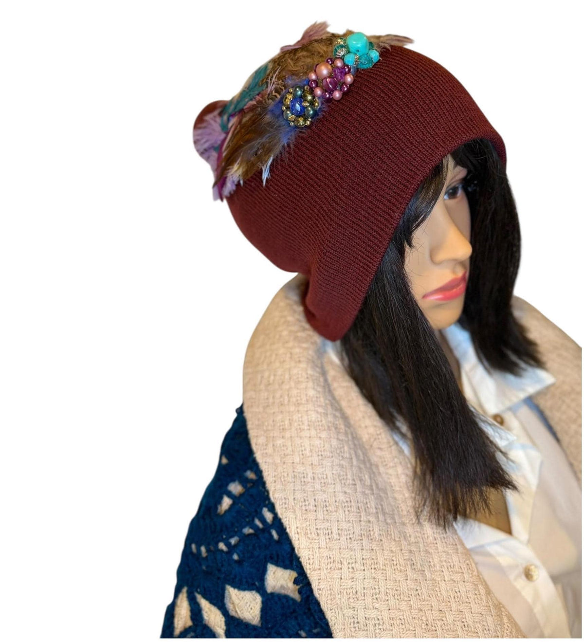 Purple Horizon at Sunset - Unique Sparkly Flapper Beanie - Feathered Winter Knit Hat
