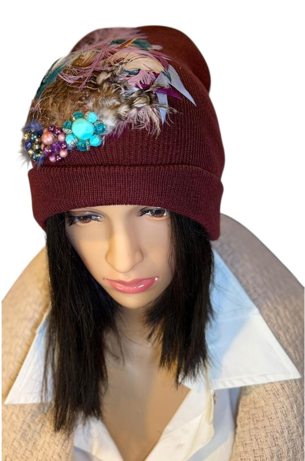 Purple Horizon at Sunset - Unique Sparkly Flapper Beanie - Feathered Winter Knit Hat