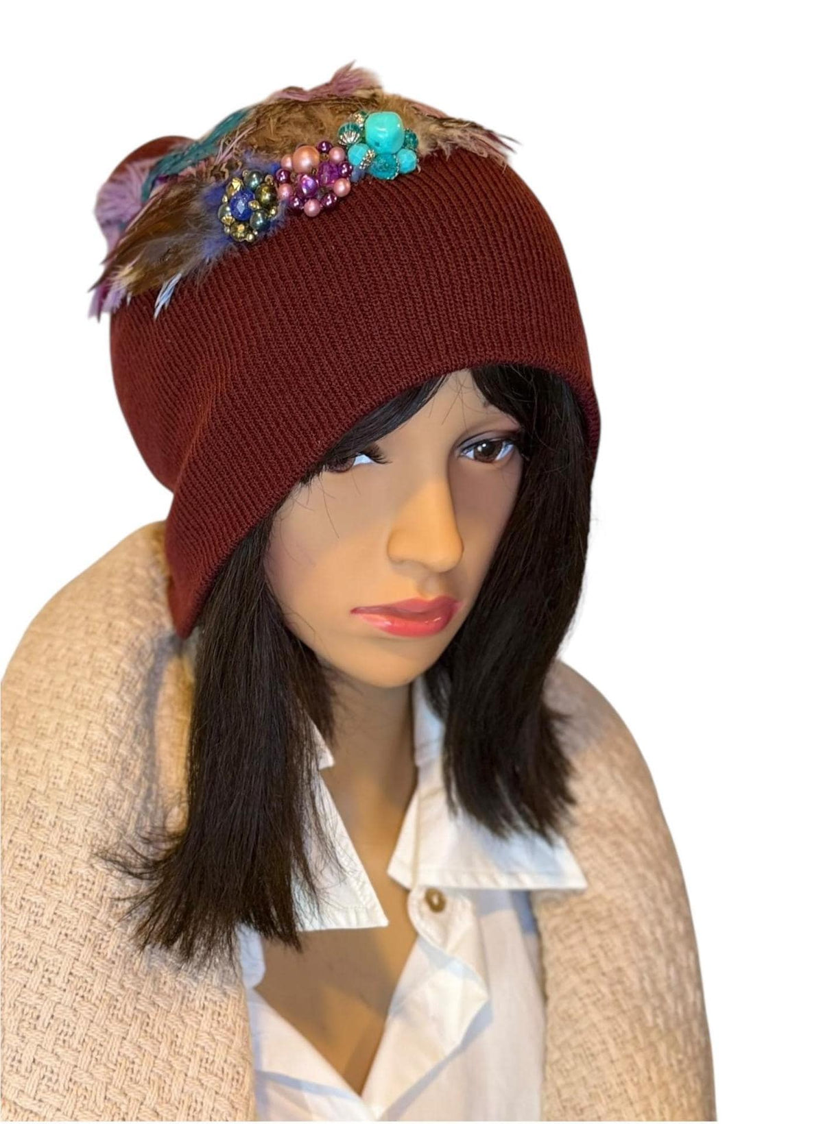 Purple Horizon at Sunset - Unique Sparkly Flapper Beanie - Feathered Winter Knit Hat
