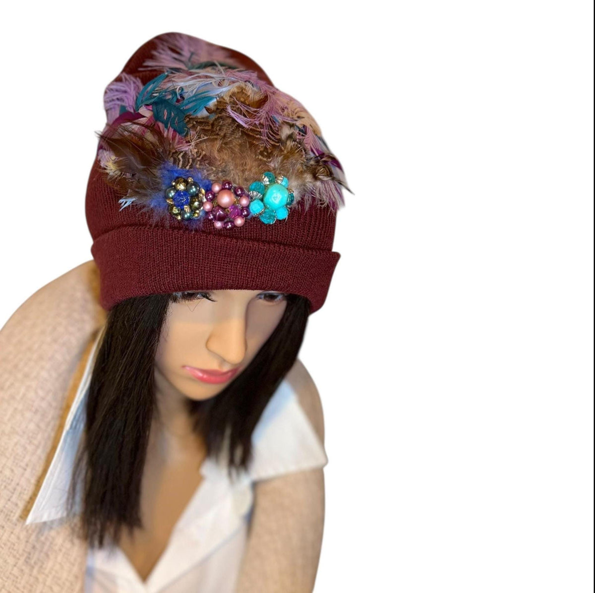 Purple Horizon at Sunset - Unique Sparkly Flapper Beanie - Feathered Winter Knit Hat