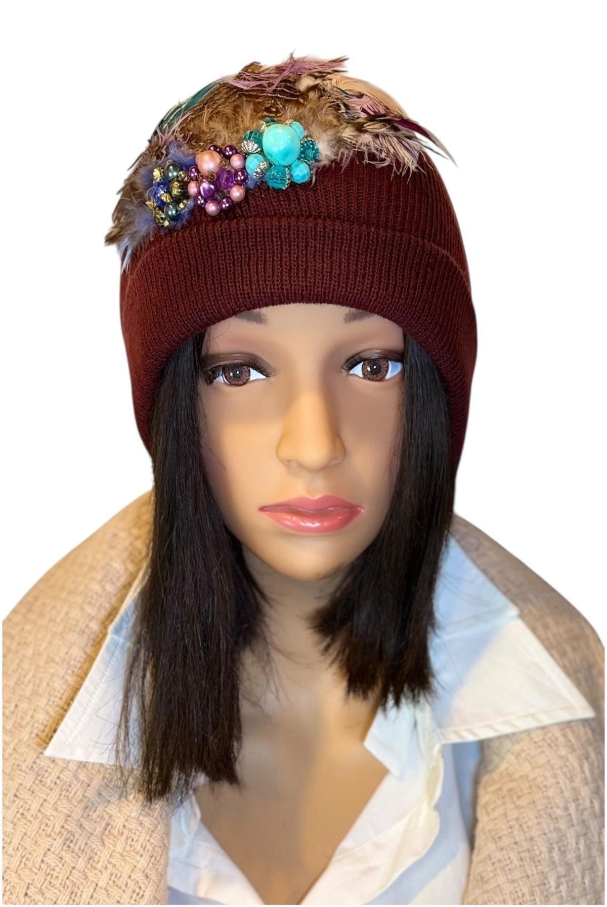 Purple Horizon at Sunset - Unique Sparkly Flapper Beanie - Feathered Winter Knit Hat