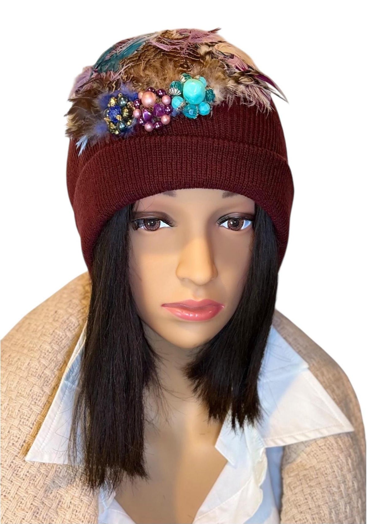 Purple Horizon at Sunset - Unique Sparkly Flapper Beanie - Feathered Winter Knit Hat