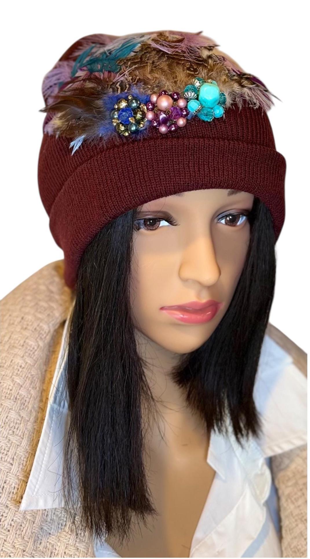 Purple Horizon at Sunset - Unique Sparkly Flapper Beanie - Feathered Winter Knit Hat