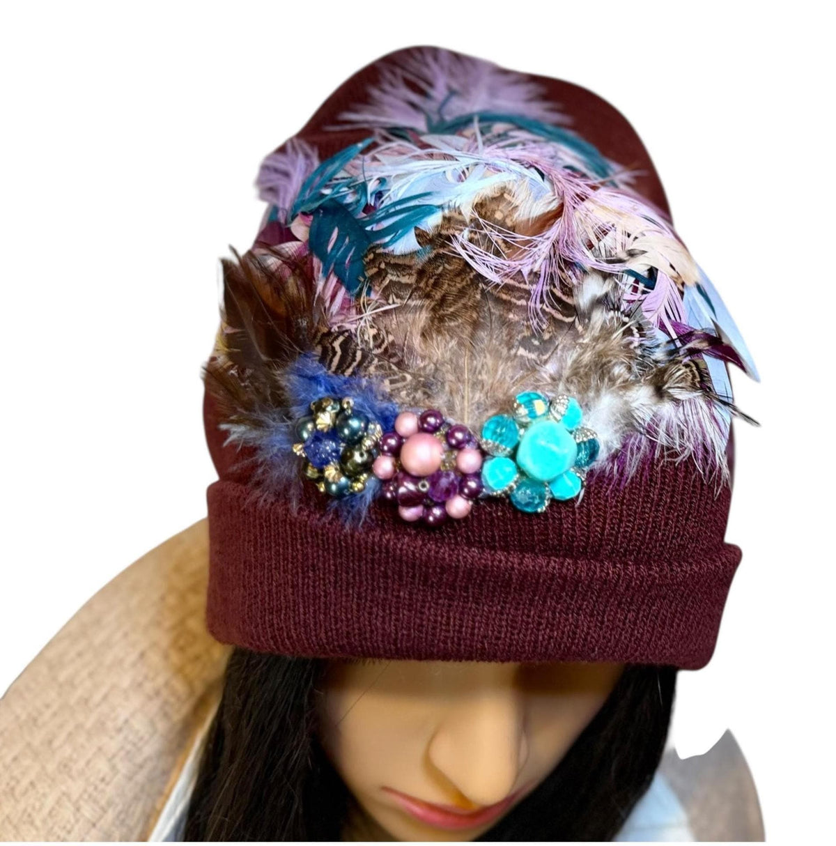 Purple Horizon at Sunset - Unique Sparkly Flapper Beanie - Feathered Winter Knit Hat