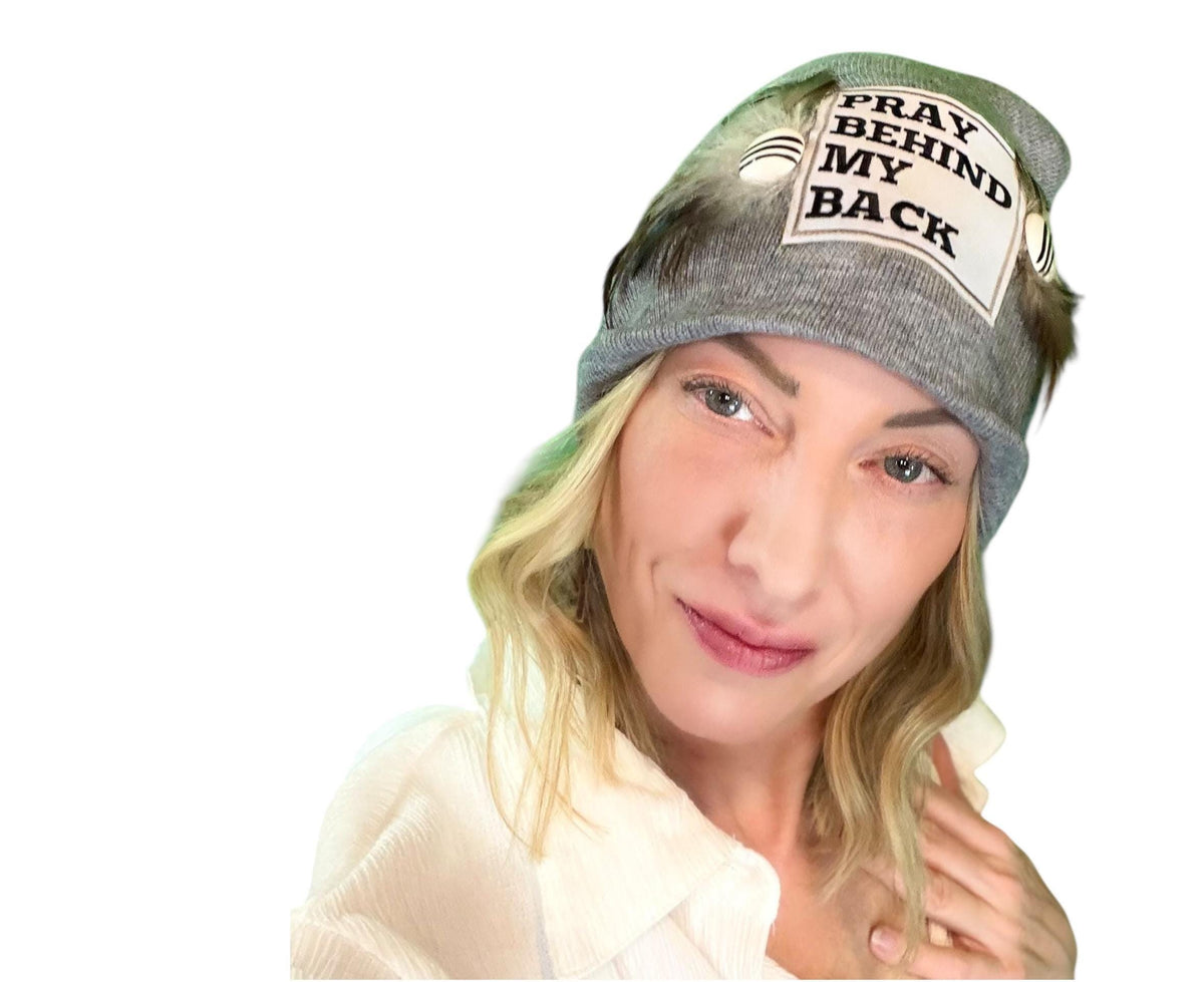 Sending A Message Stylish Statement “Pray Behind My Back” Patchwork Jeweled Fashionable Beanie