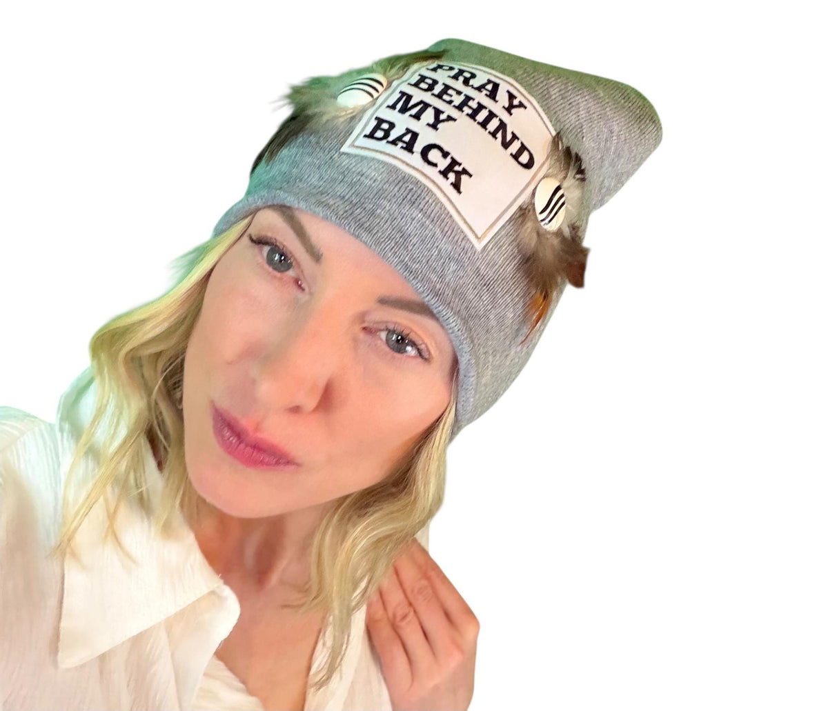 Sending A Message Stylish Statement “Pray Behind My Back” Patchwork Jeweled Fashionable Beanie