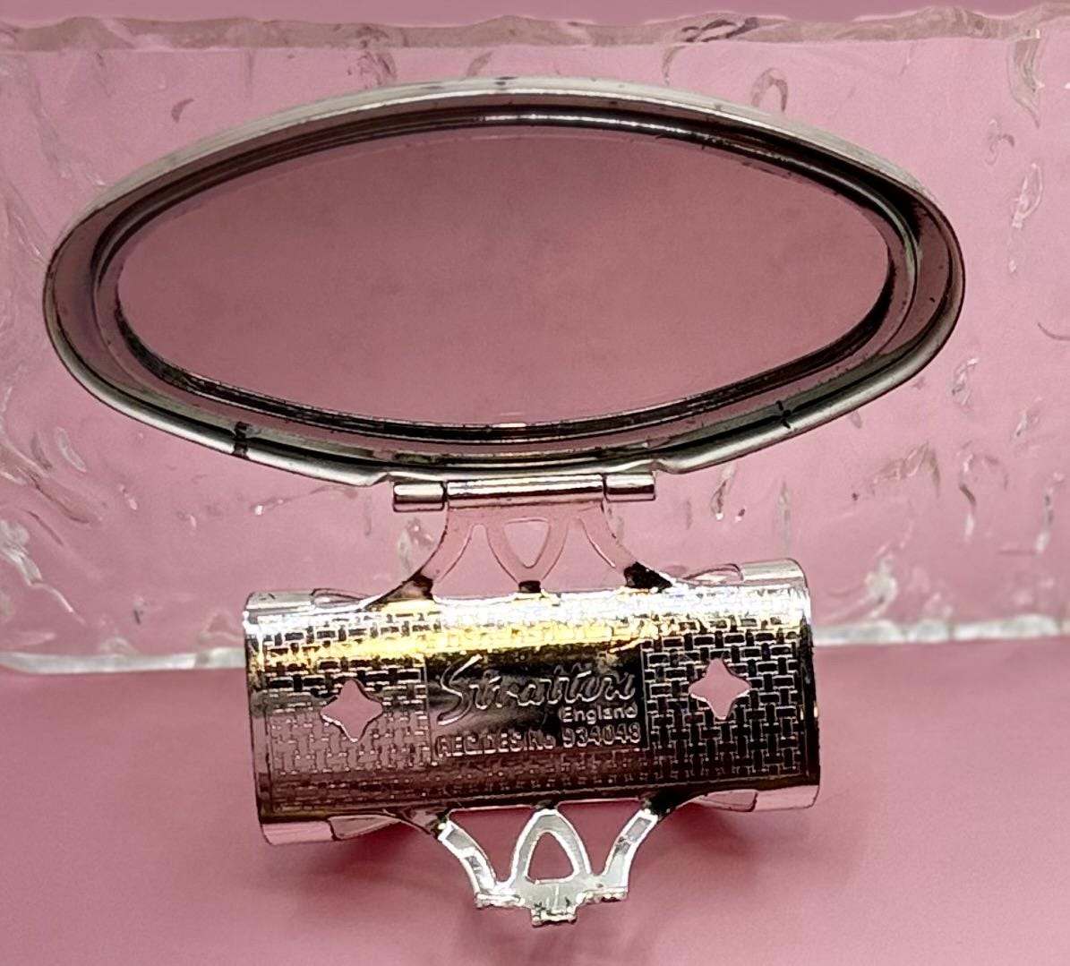 Vintage Silver Tone Statement Lipstick Ring Holder with Flip-up Mirror
