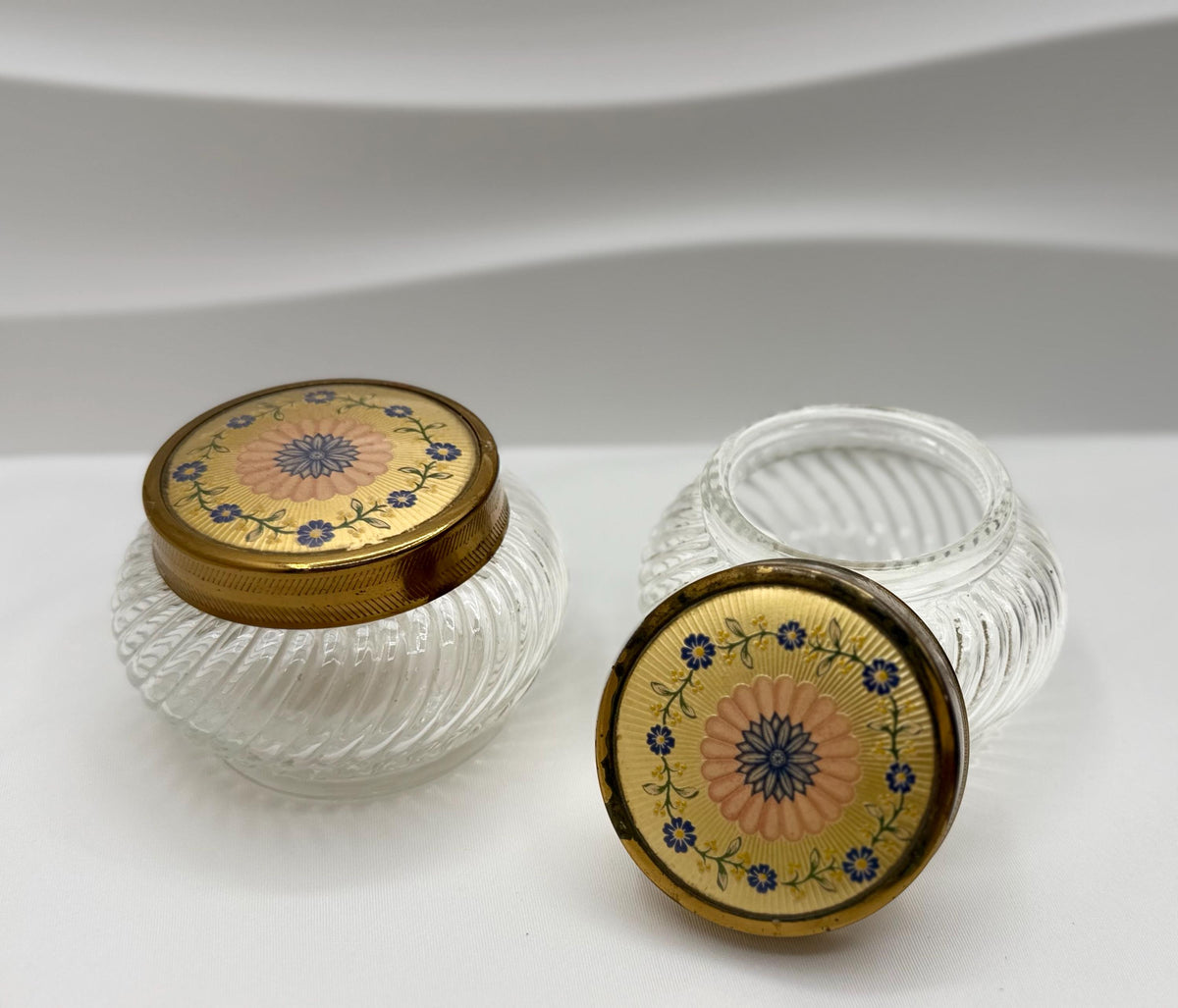 Vintage Glass Vanity Jars Gold Floral Lids Set of 3 Victorian Style Powder Trinket Holders Storage Decor