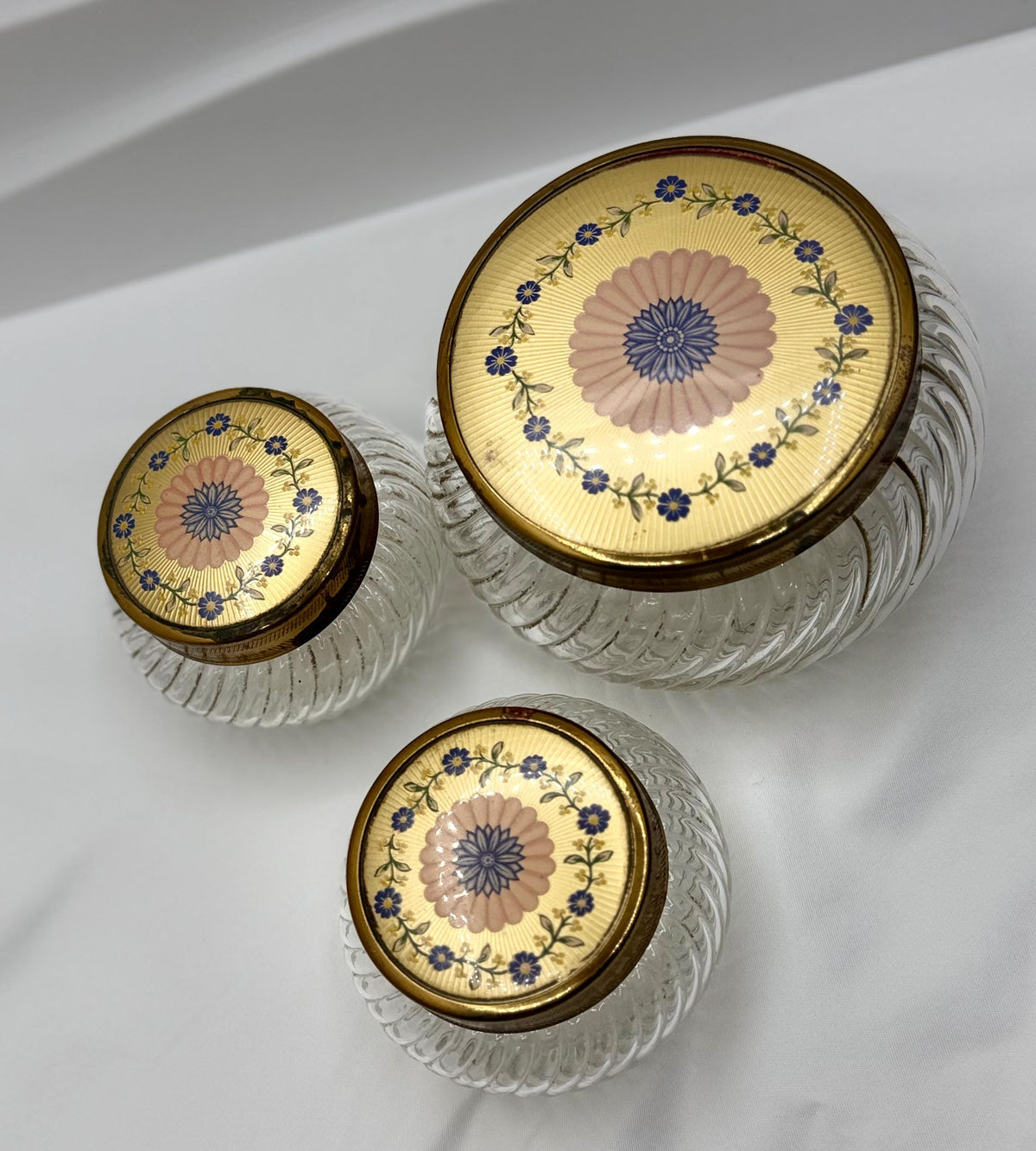 Vintage Glass Vanity Jars Gold Floral Lids Set of 3 Victorian Style Powder Trinket Holders Storage Decor