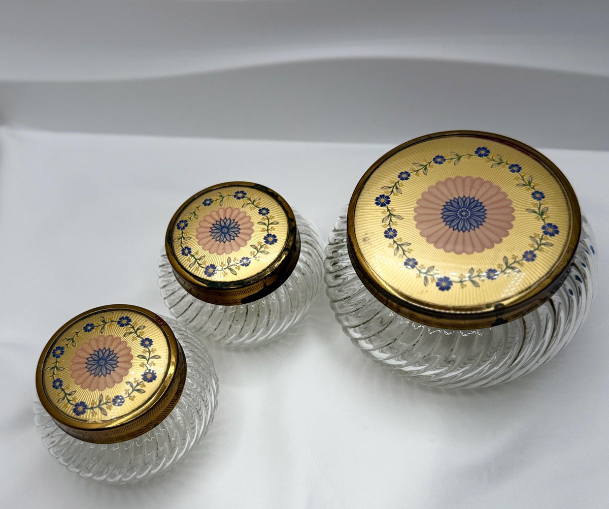 Vintage Glass Vanity Jars Gold Floral Lids Set of 3 Victorian Style Powder Trinket Holders Storage Decor