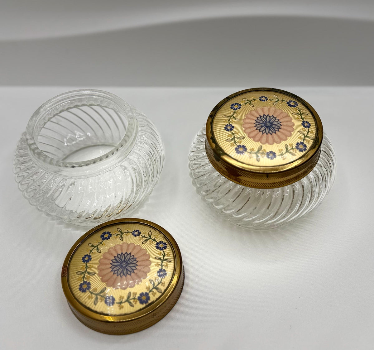 Vintage Glass Vanity Jars Gold Floral Lids Set of 3 Victorian Style Powder Trinket Holders Storage Decor