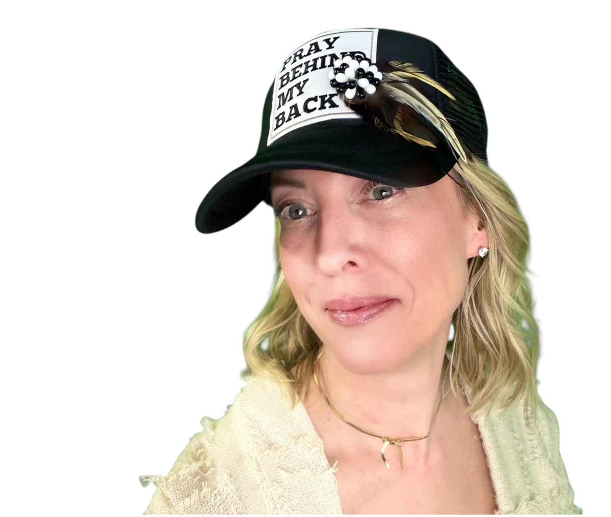 Be Nice “Pray Behind My Back” Patchwork Feathered & Jeweled Trucker Hat