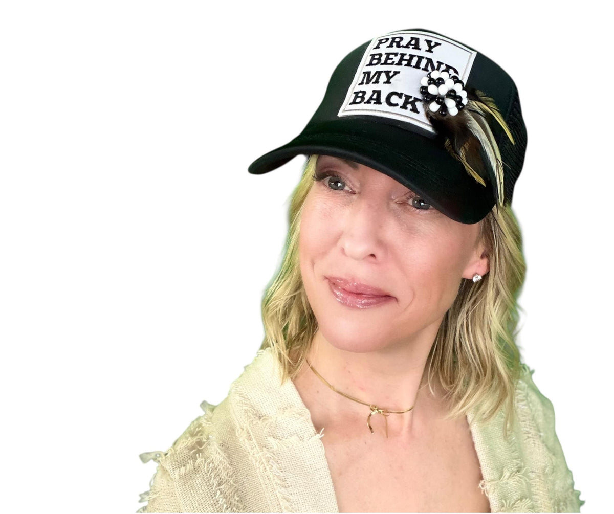 Be Nice “Pray Behind My Back” Patchwork Feathered & Jeweled Trucker Hat