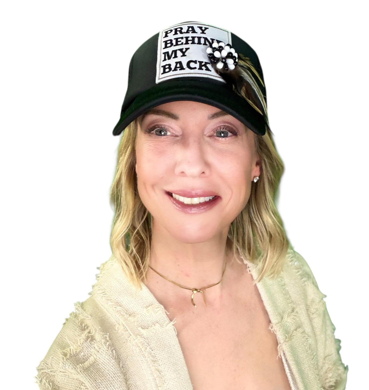 Be Nice “Pray Behind My Back” Patchwork Feathered & Jeweled Trucker Hat
