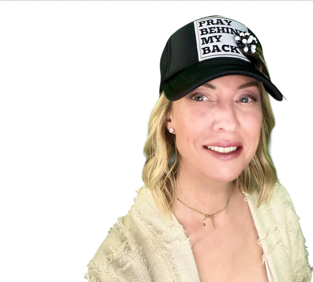 Be Nice “Pray Behind My Back” Patchwork Feathered & Jeweled Trucker Hat