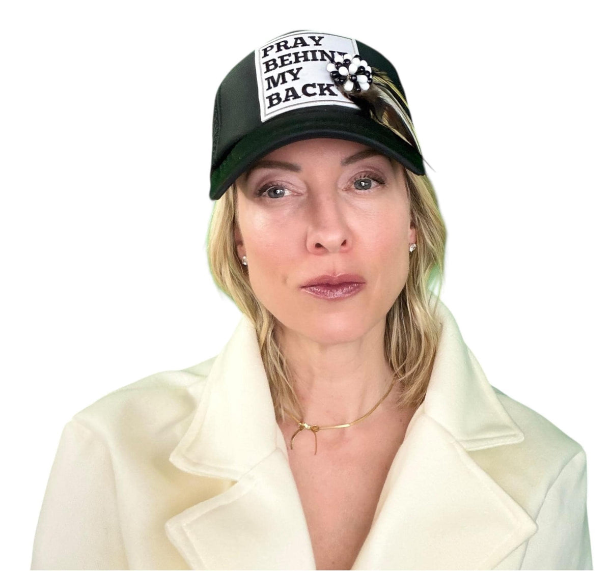 Be Nice “Pray Behind My Back” Patchwork Feathered & Jeweled Trucker Hat