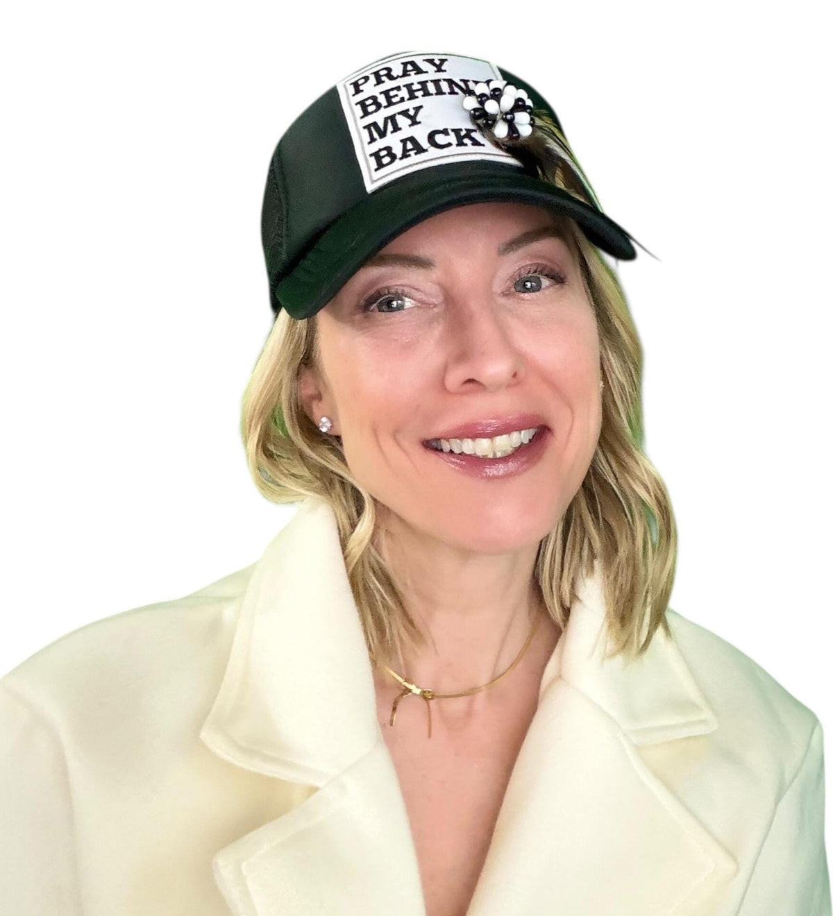 Be Nice “Pray Behind My Back” Patchwork Feathered & Jeweled Trucker Hat