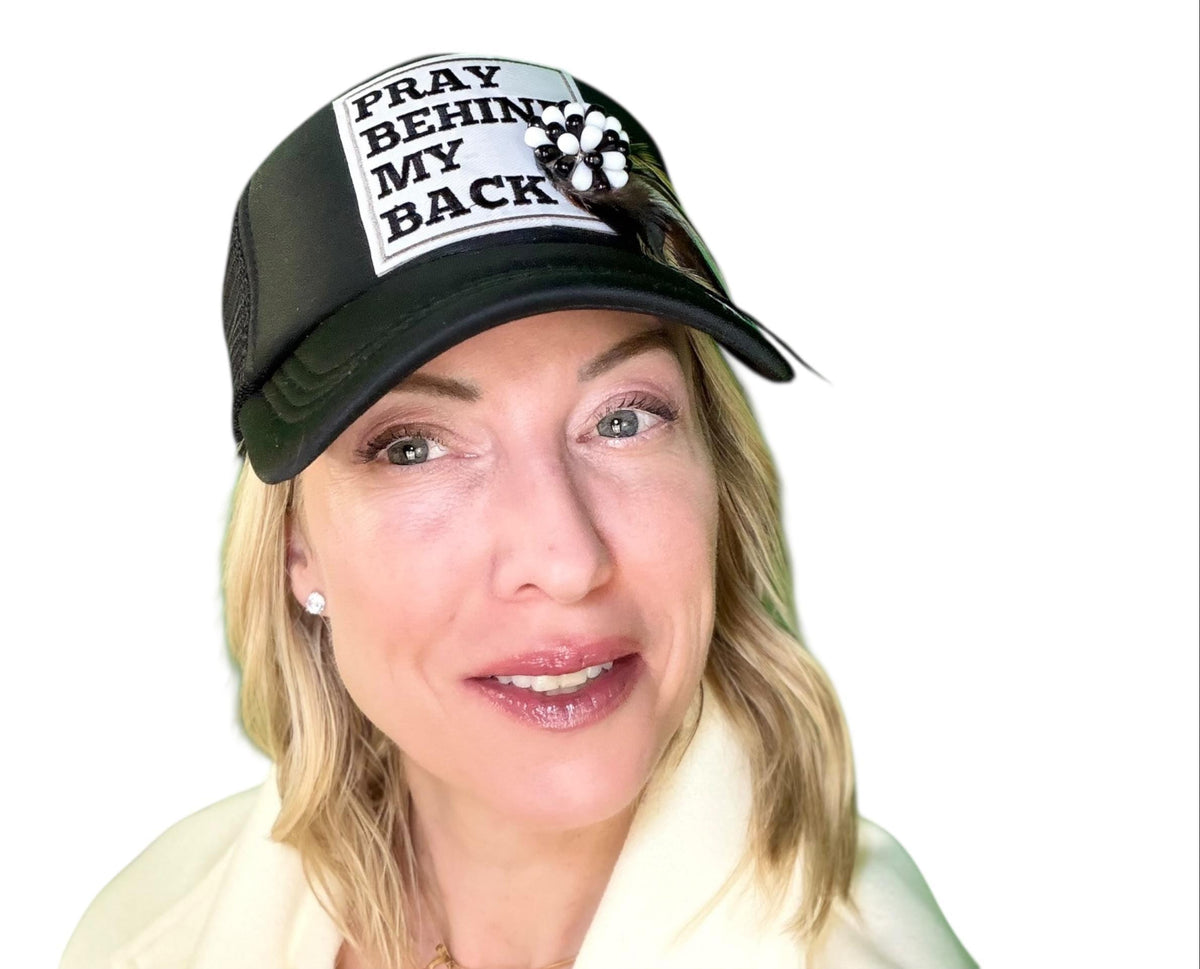 Be Nice “Pray Behind My Back” Patchwork Feathered & Jeweled Trucker Hat