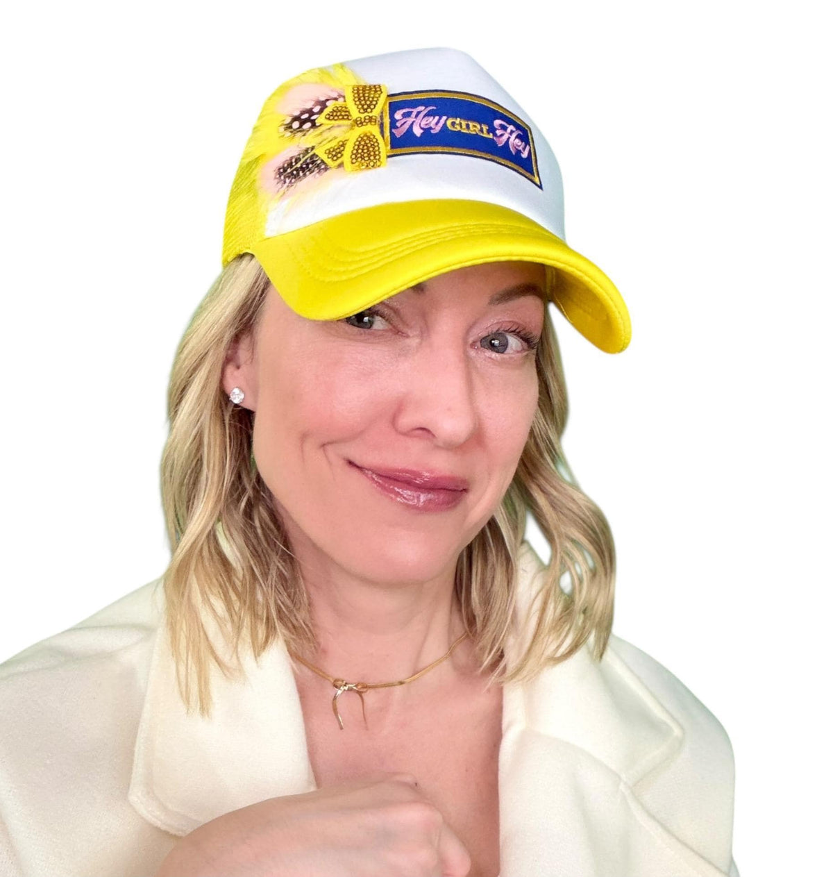 I See You Friendship “Hey GIRL Hey” Patchwork Feather & Jeweled Accented Trucker Hat