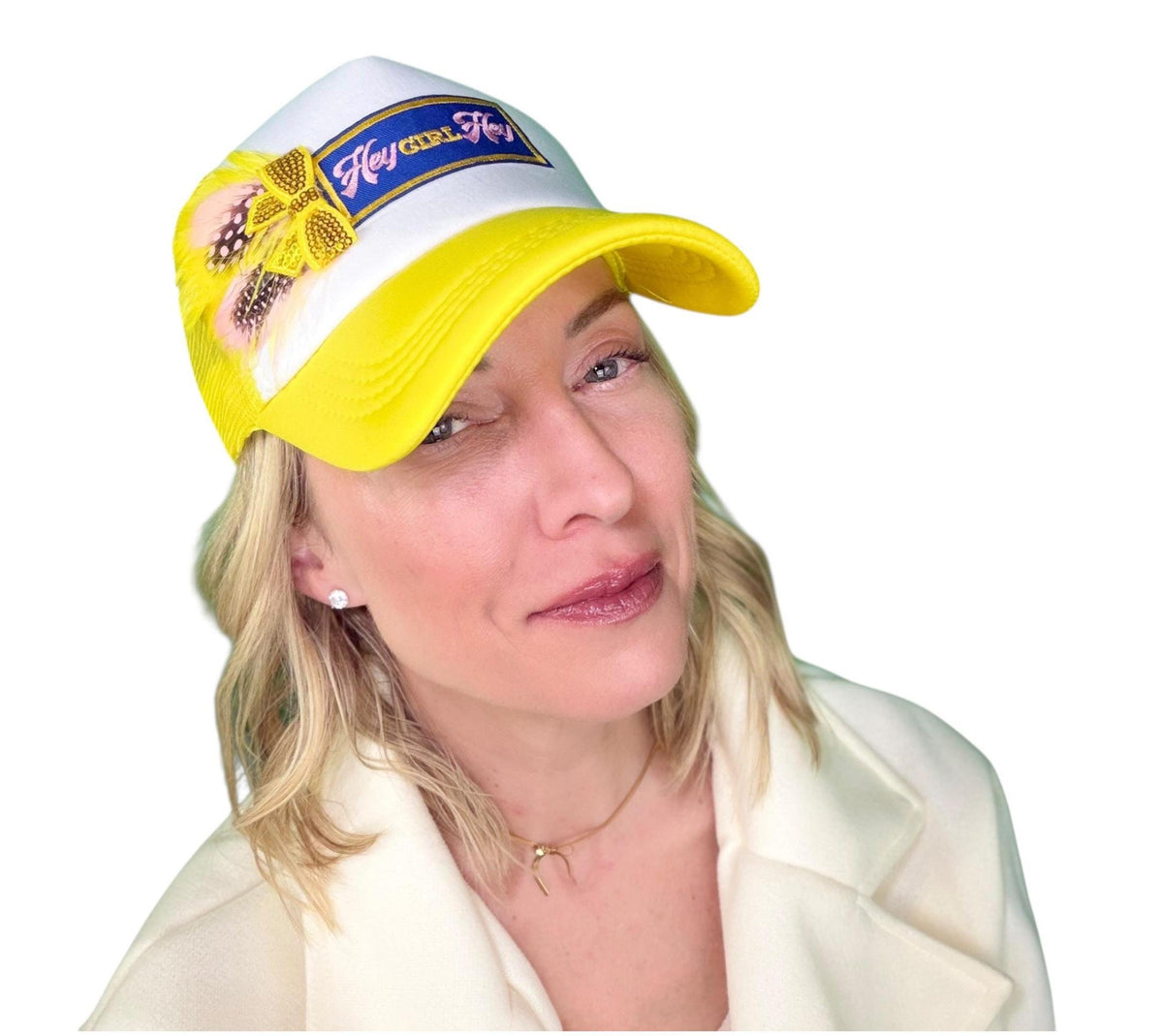 I See You Friendship “Hey GIRL Hey” Patchwork Feather & Jeweled Accented Trucker Hat