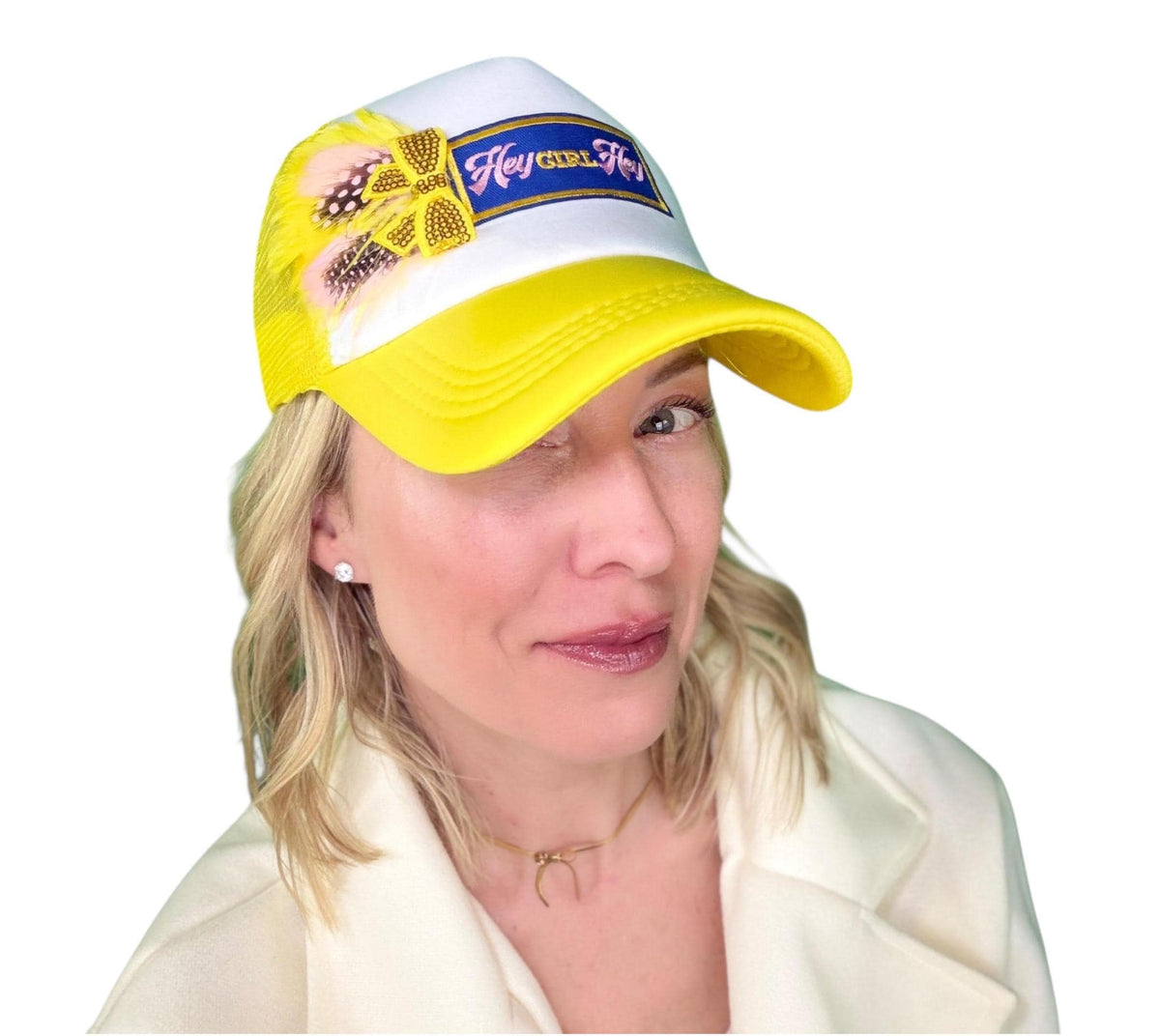I See You Friendship “Hey GIRL Hey” Patchwork Feather & Jeweled Accented Trucker Hat