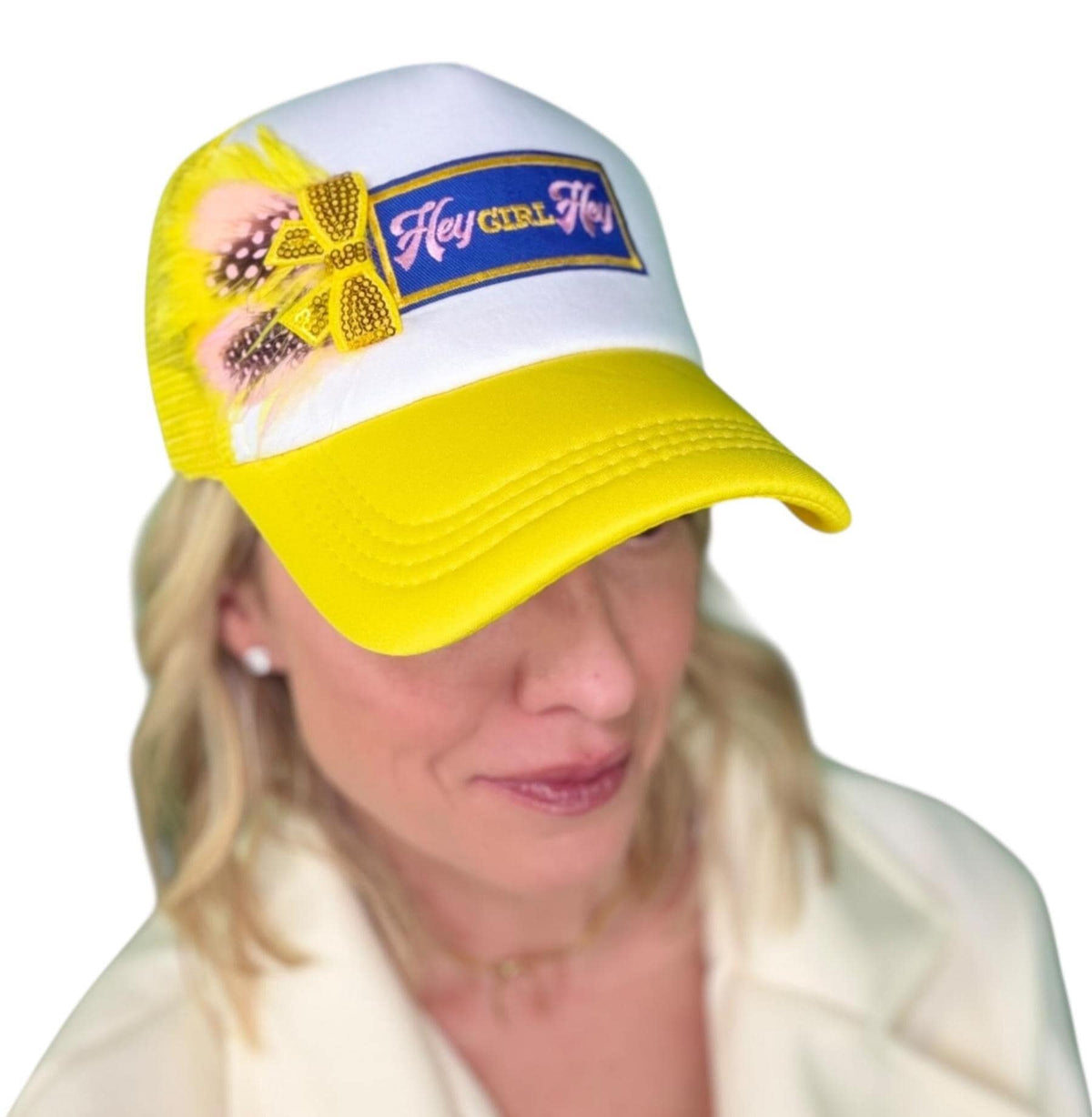 I See You Friendship “Hey GIRL Hey” Patchwork Feather & Jeweled Accented Trucker Hat