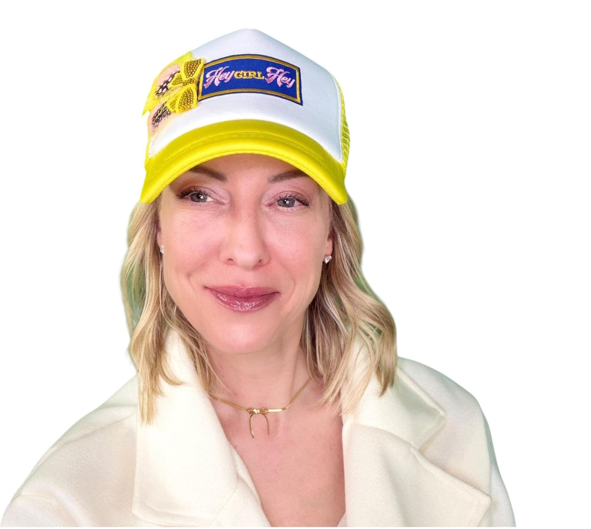 I See You Friendship “Hey GIRL Hey” Patchwork Feather & Jeweled Accented Trucker Hat