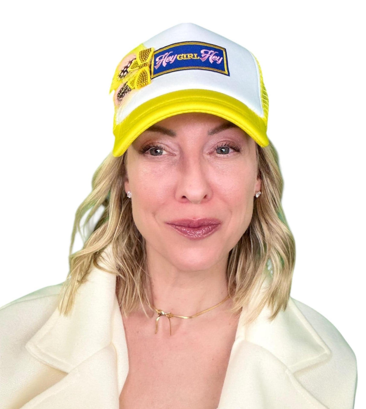 I See You Friendship “Hey GIRL Hey” Patchwork Feather & Jeweled Accented Trucker Hat