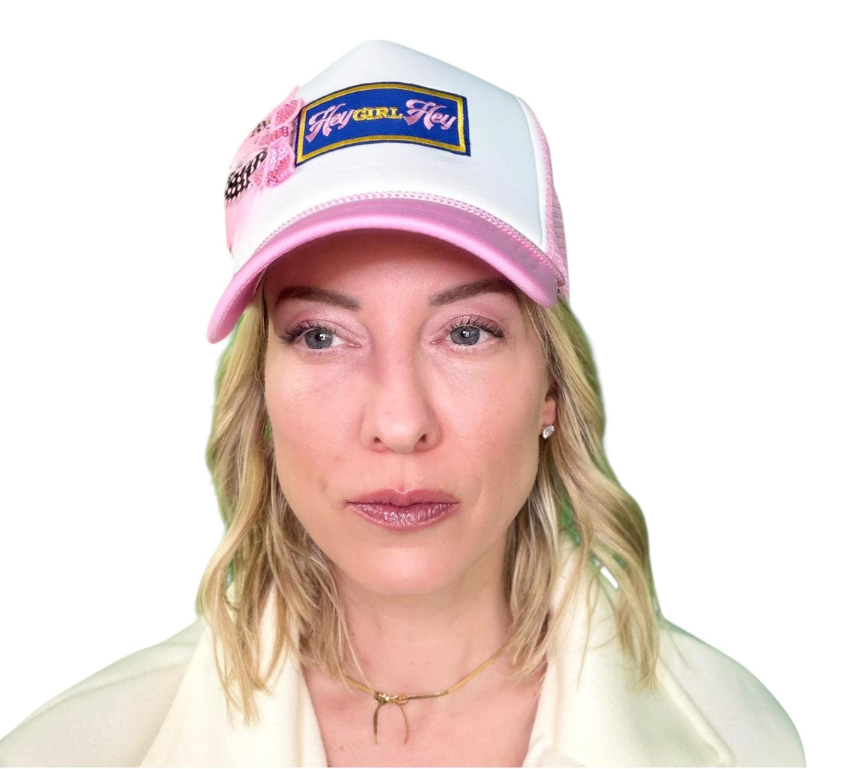 I See You Friendship “Hey GIRL Hey” Patchwork Feather & Jeweled Accented Trucker Hat