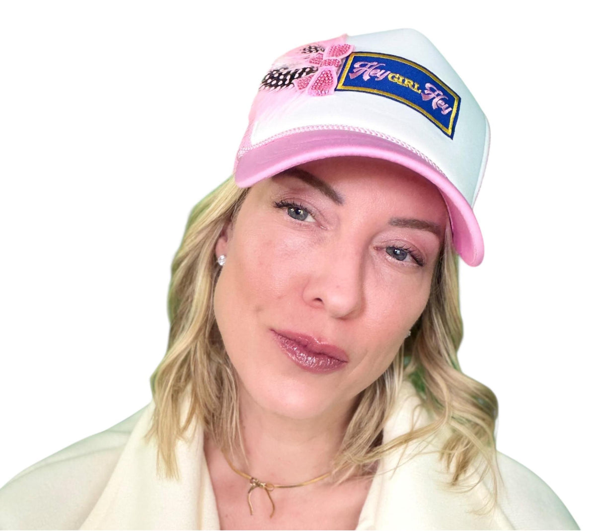 I See You Friendship “Hey GIRL Hey” Patchwork Feather & Jeweled Accented Trucker Hat